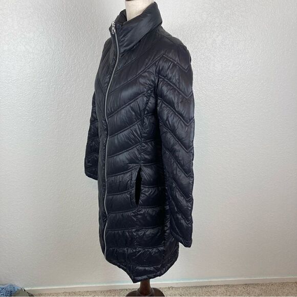 CALVIN KLEIN Long Packable Black Down Blend Chevron Coat S - Picture 4 of 11